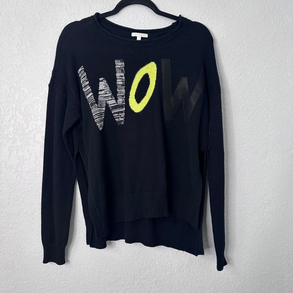 Lisa Todd WOW Graphic Knit Sweater Black Neon Yellow Size Medium High‎ Low Hem
